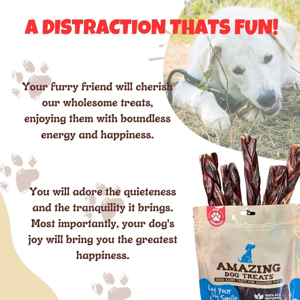 Amazing Dog Treats - 6 Inch Braided Gullet Stick (8 Pc/Pack) - Dog Jerky Treats - Beef Esophagus -Gullet for Dogs - Beef Esophagus Dog Treats