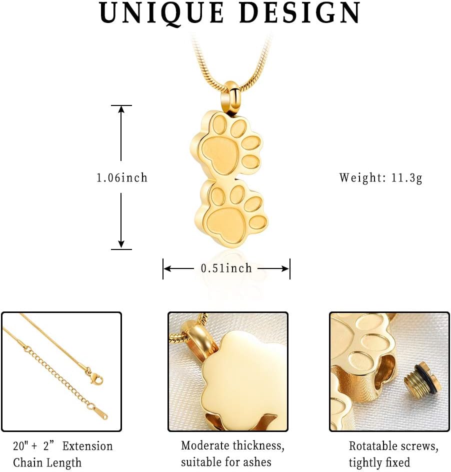Pet Urns For Dogs/Cats - Pet Ashes Necklace - Paw Print Urn Necklace with Mini Keepsake Urn Memorial Ash Jewelry