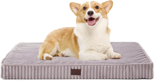 Orthopedic Dog Beds for Medium, Small Dogs - Plush Washable with Egg Crate Foam, Waterproof with Removable Cover & Anti-Slip Bottom, Comfy Striped Dog Bed for Crate, 31x25 Inch, Gray