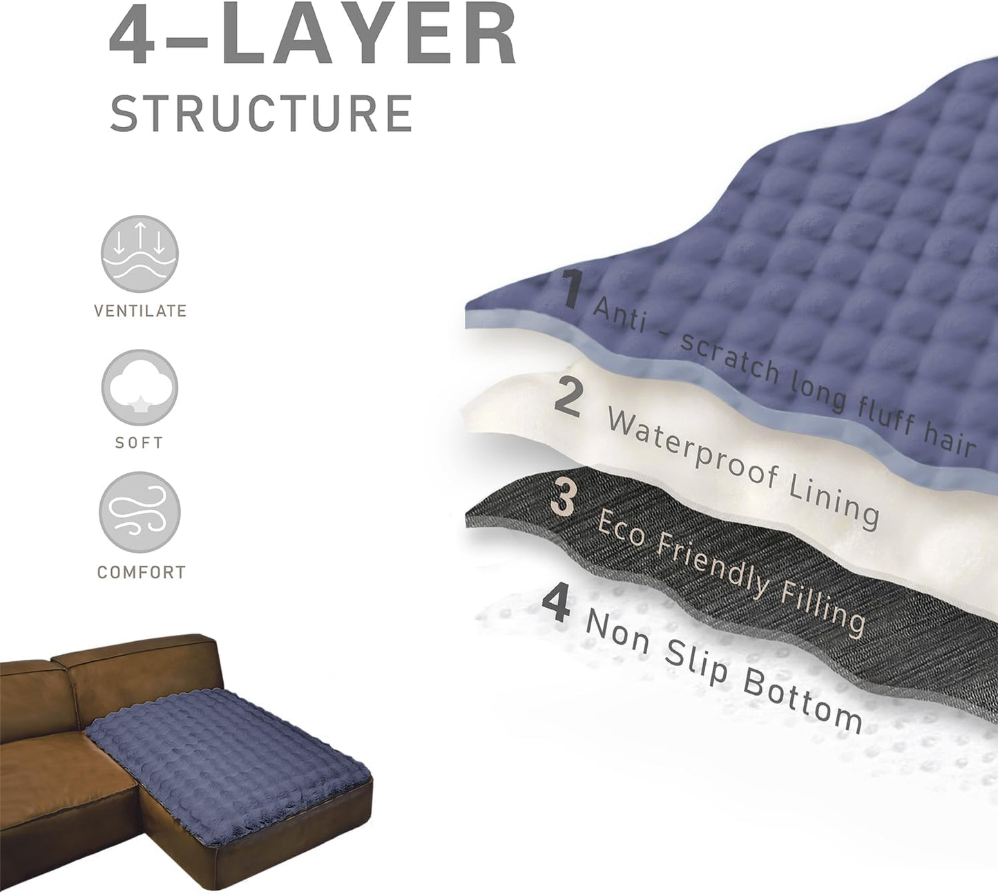 Dogs/Cats Bed Mats, Dog Pad Washable Removable Couch Cover with Anti-Slip Back, Plush Long Fur Mat, Perfect for Small, Medium and Large Dogs.(Noble Gray-Bubble, 40"x50")