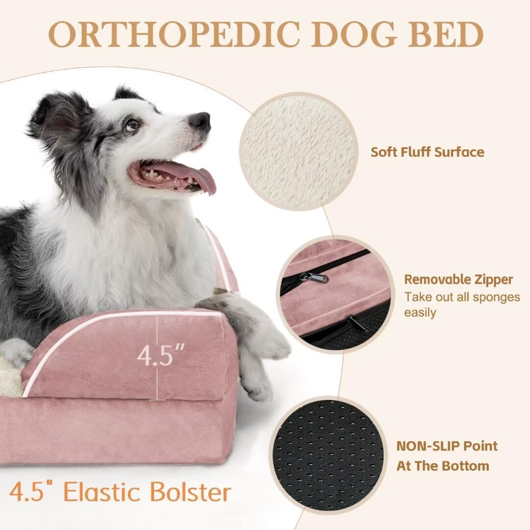 Comfort Expression Large Dog Beds Waterproof Orthopedic Foam Dog Beds for Large Dogs Sofa Comfy Pet Bed with Non-Slip Bottom & Washable Removable Cover(Pink)