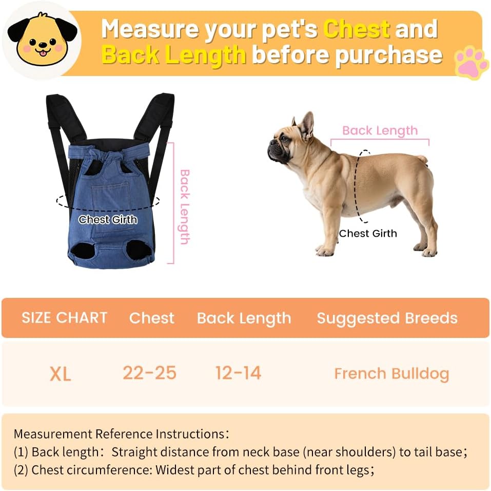 Inspack Dog Backpack Carrier/Cat Carrier, Adjustable Pet Front Carriers Travel Bag for Puppy Dogs, Legs Out, Soft Ventilated Dog Chest Carry Backpacks for Hiking/Camping, 10-16 lbs, Indigo Denim