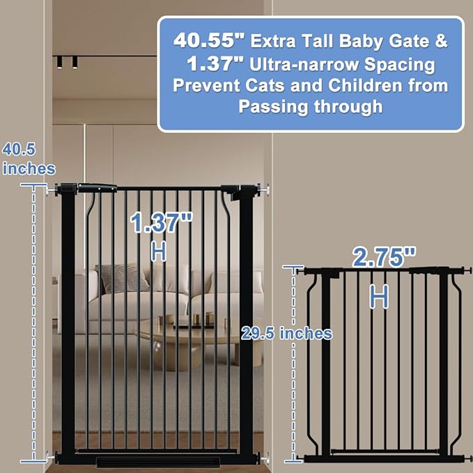 40.55" Extra Tall Baby Gate for Stairs-65.8"-71.2" Wide 1.37" Ultra Narrow Spacing Extra Wide Pet Cat Gate Dog Gate-Auto-Close Pressure Mounted Dog Door for Pets and Kids,Black