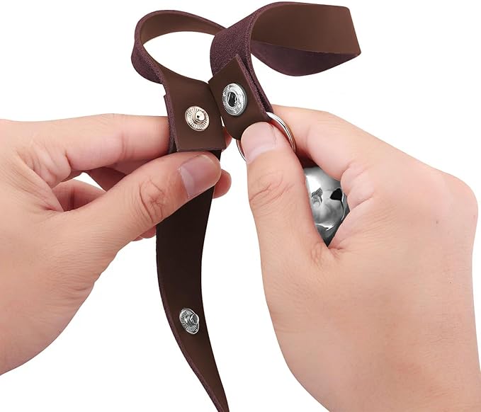 Leather Dog Doorbells for Door Knob/Potty Training/Go Outside, Length Adjustment Copper Dog Bell, Housetraining Hanging Bell, Dark Brown Leather Silver Bells