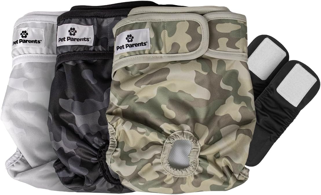Pet Parents® Washable Dog Diapers (3pack) + Extendrs® of Durable Doggie Diapers, Premium Dog Diapers Female & Male (Small, Camo)