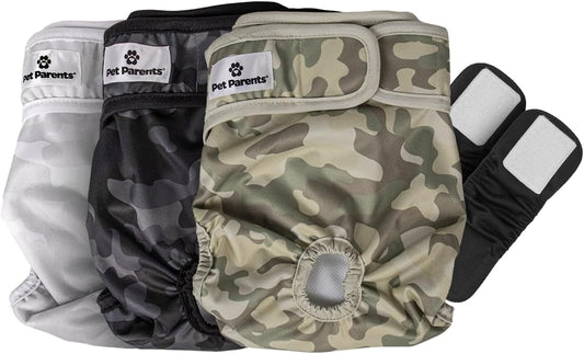 Pet Parents® Washable Dog Diapers (3pack) + Extendrs® of Durable Doggie Diapers, Premium Dog Diapers Female & Male (Large, Camo)