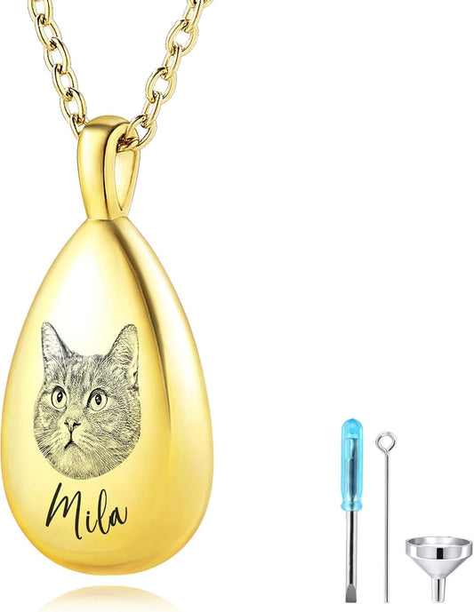 MMXX Personalized Pet Portrait Teardrop Urn Necklace with Name/Photo Stainless Steel Pendant - Cremation Jewelry for Pet Memorial Gifts - Funnel Kit Included