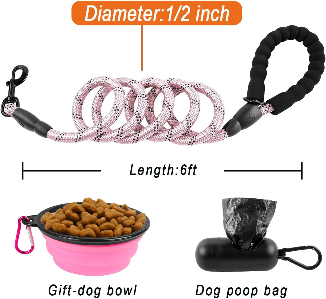 BARKBAY Dog Leashes for Large Dogs Heavy Duty Dog Leash 4/5/6 FT with Comfortable Padded Handle and Highly Reflective Threads for Medium Large Dogs Walking Training Running (6FT-1/2,Baby Pink)