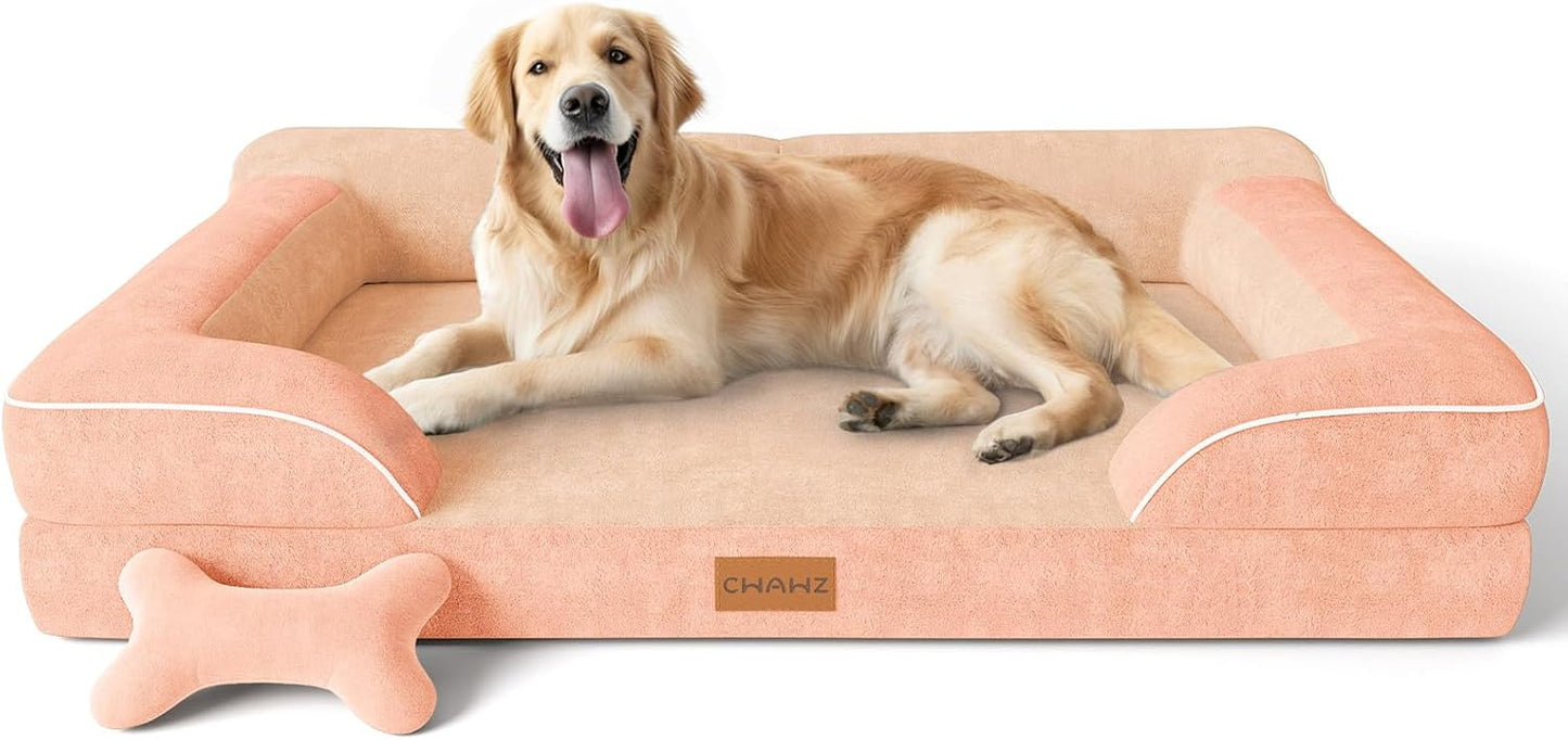 Extra Large Dog Bed, Orthopedic Dog Bed with Cooling Gel Memory Foam, Waterproof XL Pet Bed with Removable Washable Cover, 42" Pet Sofa Couch Dutch Velvet with Bone Toy, Peach Pink