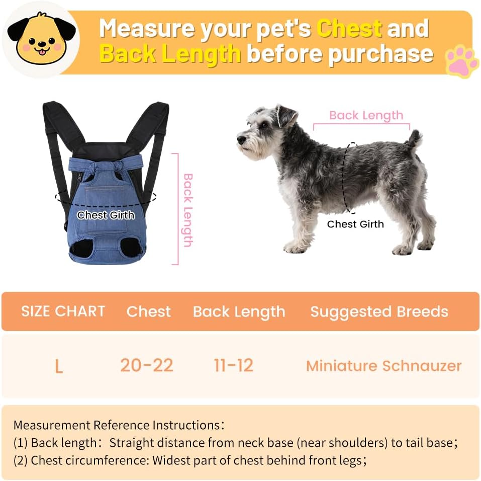 Inspack Dog Backpack Carrier/Cat Carrier, Adjustable Pet Front Carriers Travel Bag for Puppy Medium Dogs, Legs Out, Soft Ventilated Dog Chest Carry Backpacks for Hiking/Camping, 7-11 lbs, Indigo Denim
