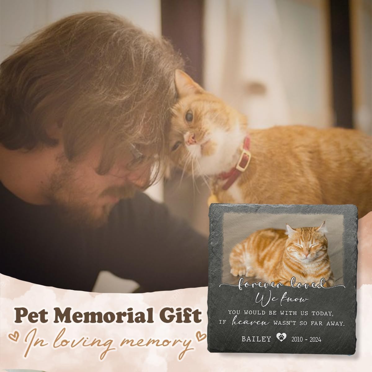 Pet Memorial Stone - Square Shaped & Personalized Sympathy Gift Baskets, Heaven Not Far Phrase, Forever Loved Dog & Cat Plaque, Ideal for Those Whose Pets Passed Away