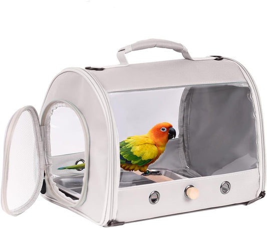 Small Bird Travel Carrier Cage for Long Tail Bird Parakeet Parrot, Includes Metal Tray Soft Mat and Wooden Standing Perch, Hands Free Lightweight Clear 2 Windows