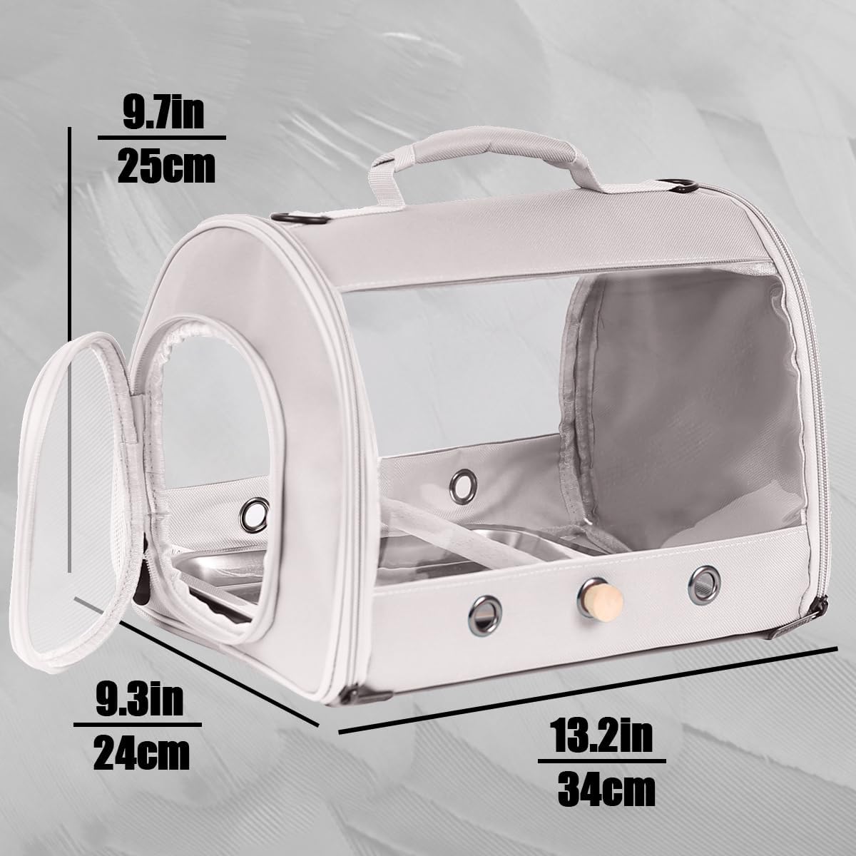 Small Bird Travel Carrier Cage for Long Tail Bird Parakeet Parrot, Includes Metal Tray Soft Mat and Wooden Standing Perch, Hands Free Lightweight Clear 2 Windows