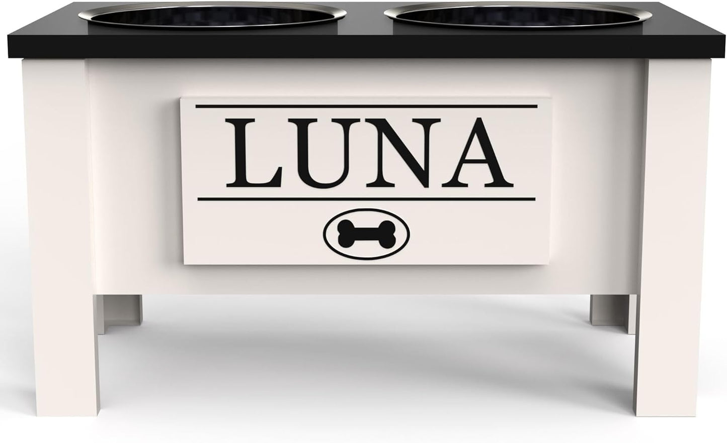 GrooveThis Woodshop - Personalized Elevated Dog Bowl Stand for Large, Medium, Small, X-Small Dogs - Stainless Steel Food and Water Bowls - Raised Dog Dish with Internal Storage (Large, Black)