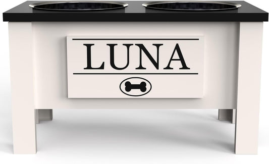 GrooveThis Woodshop - Personalized Elevated Dog Bowl Stand for Large, Medium, Small, X-Small Dogs - Stainless Steel Food and Water Bowls - Raised Dog Dish with Internal Storage (Large, Black)