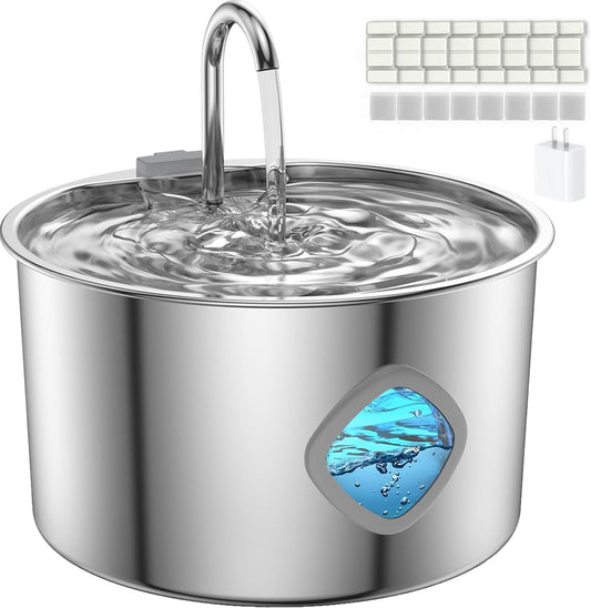 Cat Water Fountain Stainless Steel, 3.2L/108oz Automatic Pet Drinking Dispenser with Faucet & Flower Mode, Electric Metal Water Bowl for Indoor Cats S/M Dogs Pets, Quiet Waterer w/ 8 Filters & Sponges