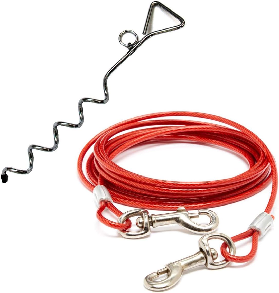 Katzco Chrome Dog Corkscrew Stake with Leash Lead - 25 Foot Cable with 80 lb Pull Strength - Heavy-Duty Outdoor Tie-Out for Large, Medium, and Small Energetic Dogs - Backyard Summer Dog Run - Red