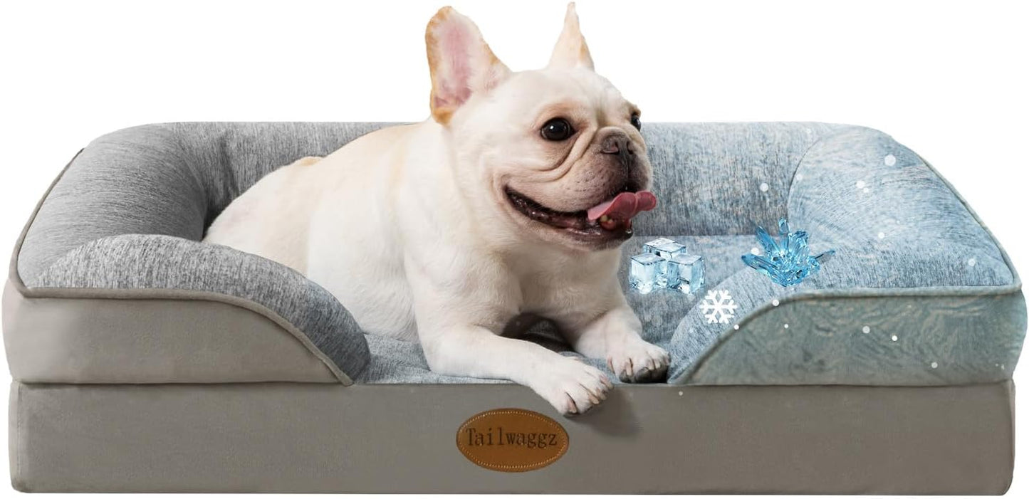 Cooling Pet Bed for Medium Dogs and Cats, Waterproof Orthopedic Dog Sofa Bed, Supportive Foam Pet Couch Bed with Washable Removable Cover, Waterproof Lining and Nonskid Bottom(Medium, Grey)