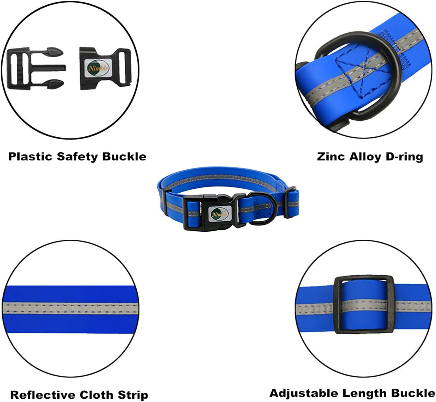 NIMBLE Dog Collar Waterproof Pet Collars Anti-Odor Durable Adjustable PVC & Polyester Soft with Reflective Cloth Stripe Basic Dog Collars S/M/L Sizes (Small (9.45”-14.17”inches), Blue)