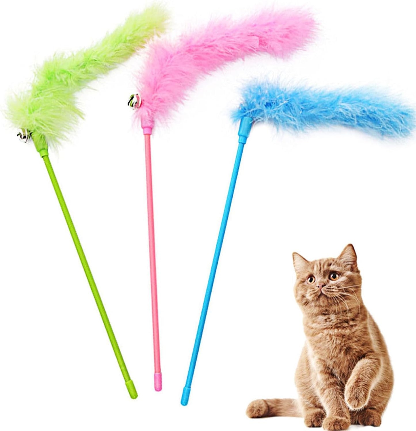 IUHKBH Cat Wand Toys, 3 PCS Interactive Feather Wands Colorful Cat Teaser Wand with Bell for Cats and Kitties