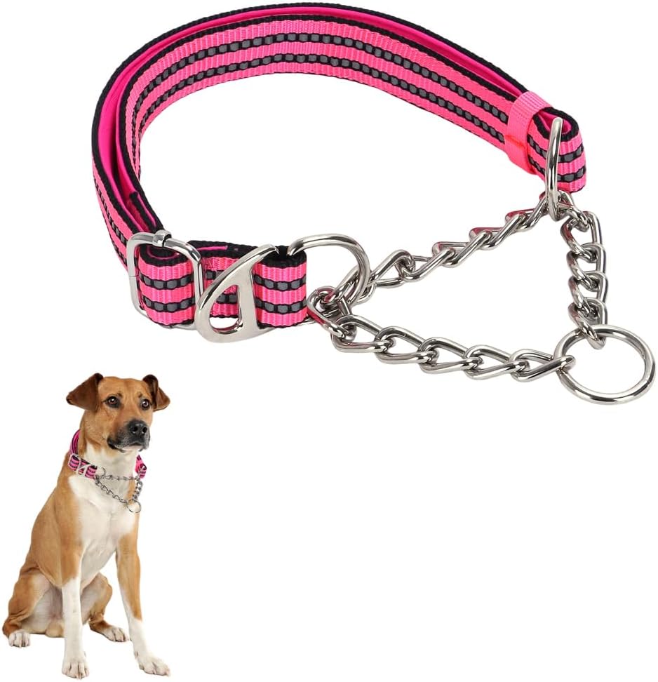Martingale Dog Collar with Chain,Reflective Nylon Soft Padded Adjustable Choke Collar for for Small Medium Large Pet Boy Male Dogs