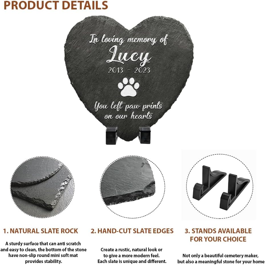 Heart Shaped Pet Memorial Stone for Dog or Cat - You Left Paw Prints on Our Hearts - Dog Heaven - Angel Wings Paw - Dog Loss Sympathy Gift