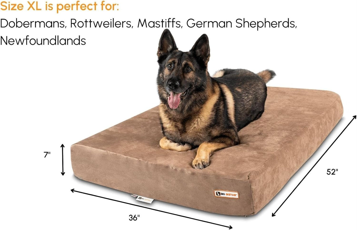Barker Beds Orthopedic XL Dog Bed for Large Dogs - 7" Thick Memory Foam Cushion with Washable Microsuede Cover - Durable Water-Resistant Pet Bed - Made in USA (Khaki)