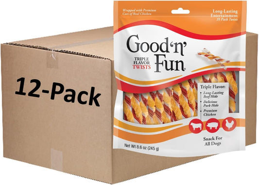 Good 'n' Fun Triple Flavor Twists, Treat Your Dog to Premium Cuts of Real Meat with Rawhide