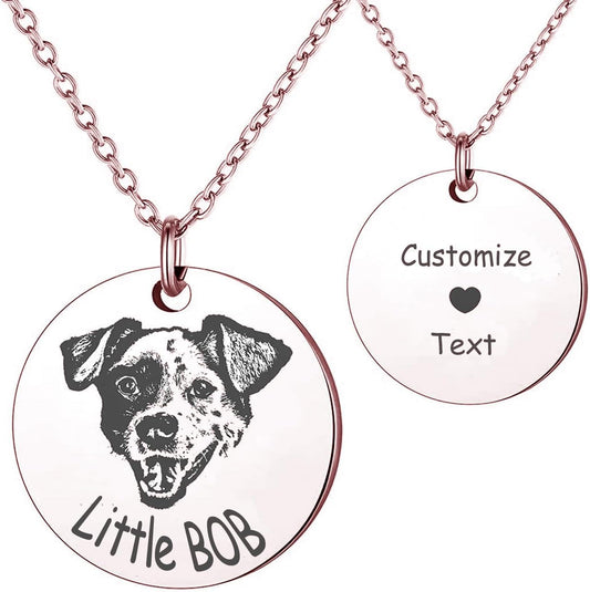 Pet Portrait & Name Necklace - Customized Photo Engraved Memorial Necklace for Cat Dog Animal Lover, Dog Mom - Birthday Gift