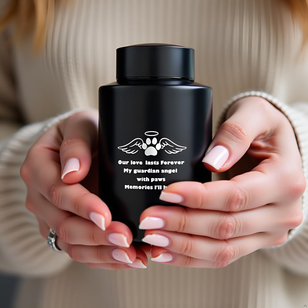 Pet Urn for Dogs or Cats Medium Size Black Metal Cremation Urn for Ashes, 3.85"x5.9" Elegant Memorial Keepsake for Pets up to 80 lbs Secure Screw-Top Lid – Personalized Tribute Design