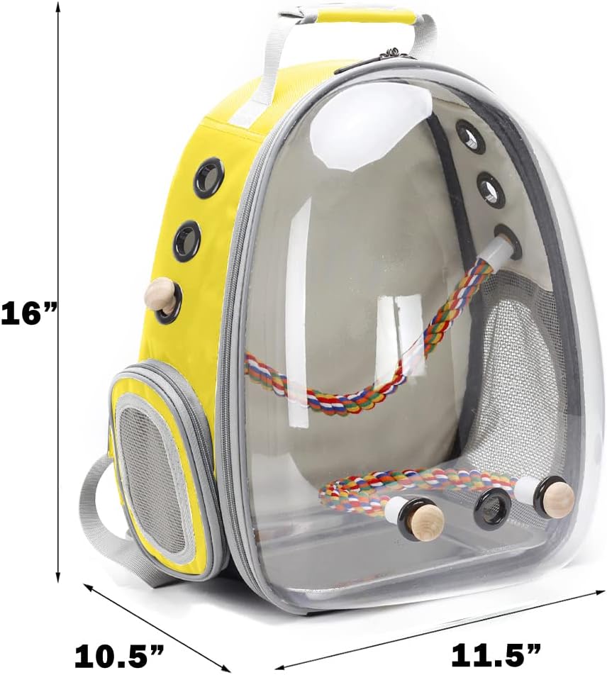 Bird Traval Carrier Cage, Clear Space Capsule Astronaut Backpack to Carry Parakeet Cockatiel Parrot with Metal Tray Wood Perch, Vet Transport School Bag