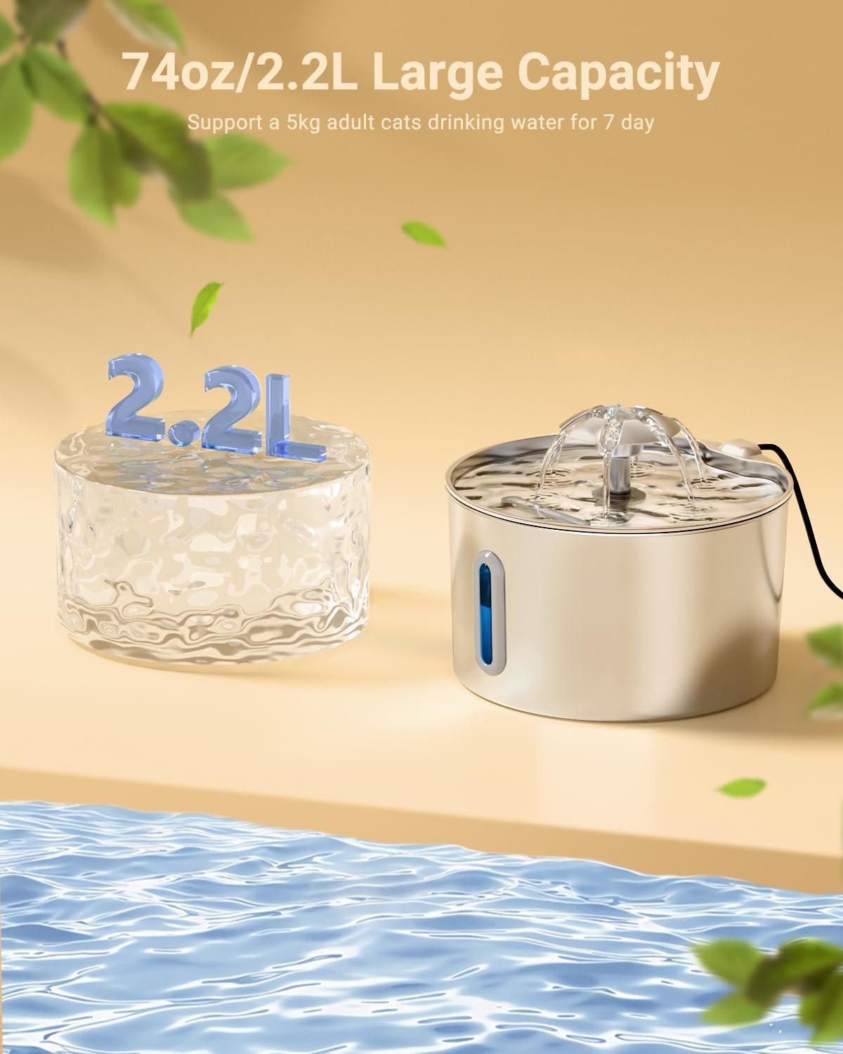 Cat Water Fountain Stainless Steel - 74oz/2.2L Corded Pet Water Dispenser Automatic Silent Cats Dispenser for Drinking Inside Indoor Metal Kitty Spout Fountain with 3 Filters & 3 Sponges