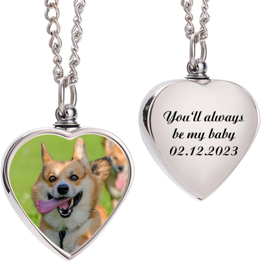 Custom Dog Urn Necklaces for Ashes - Personalized Pet Cremation Jewelry for Ashes,Double-Sided Custom with Text Picture Memorial Gift for Pet Dogs Cats Ashes Necklace (Heart-1)