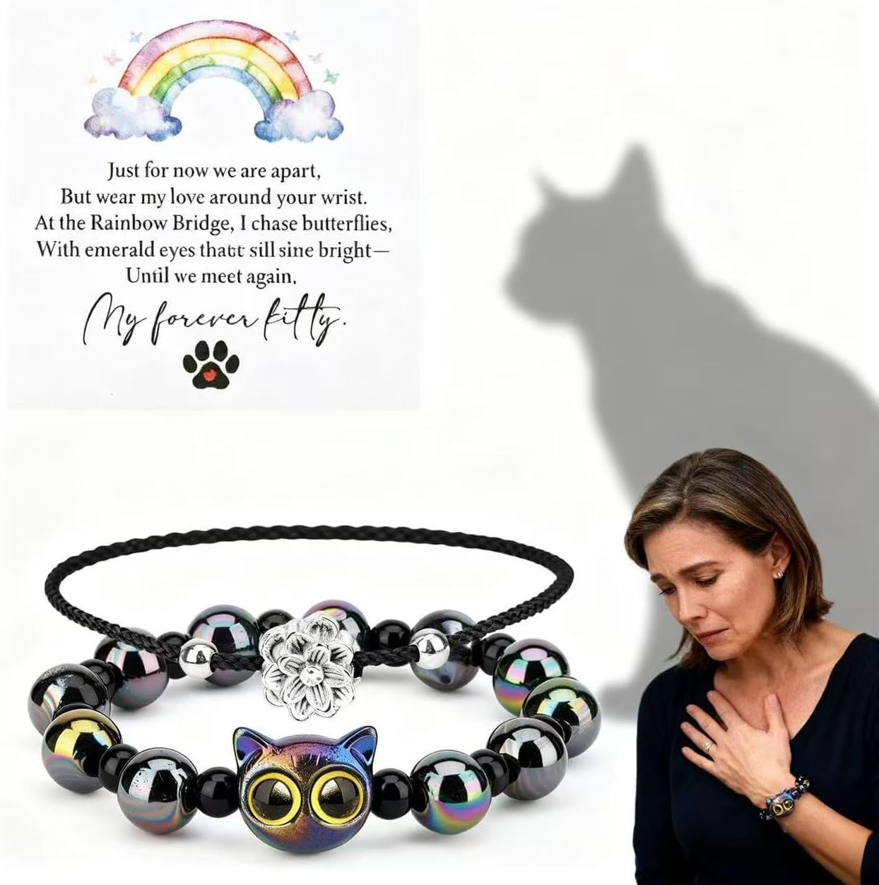 LINGYUAN 2 PCS Pet Memorial Gifts for Cats, Rainbow Bridge Bracelet for Beloved Cat Loss of Pet Remembrance Gifts
