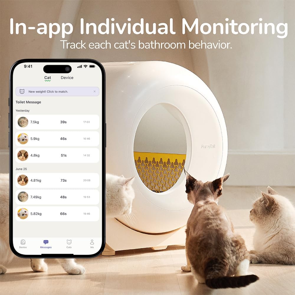 FurryTail Self Cleaning Litter Box with APP - Automatic Cat Litter Box for All Your Cats, Odor Control, Spacious Interior and Large Wastes Bin Capacity,Includes 40 Litter Bags