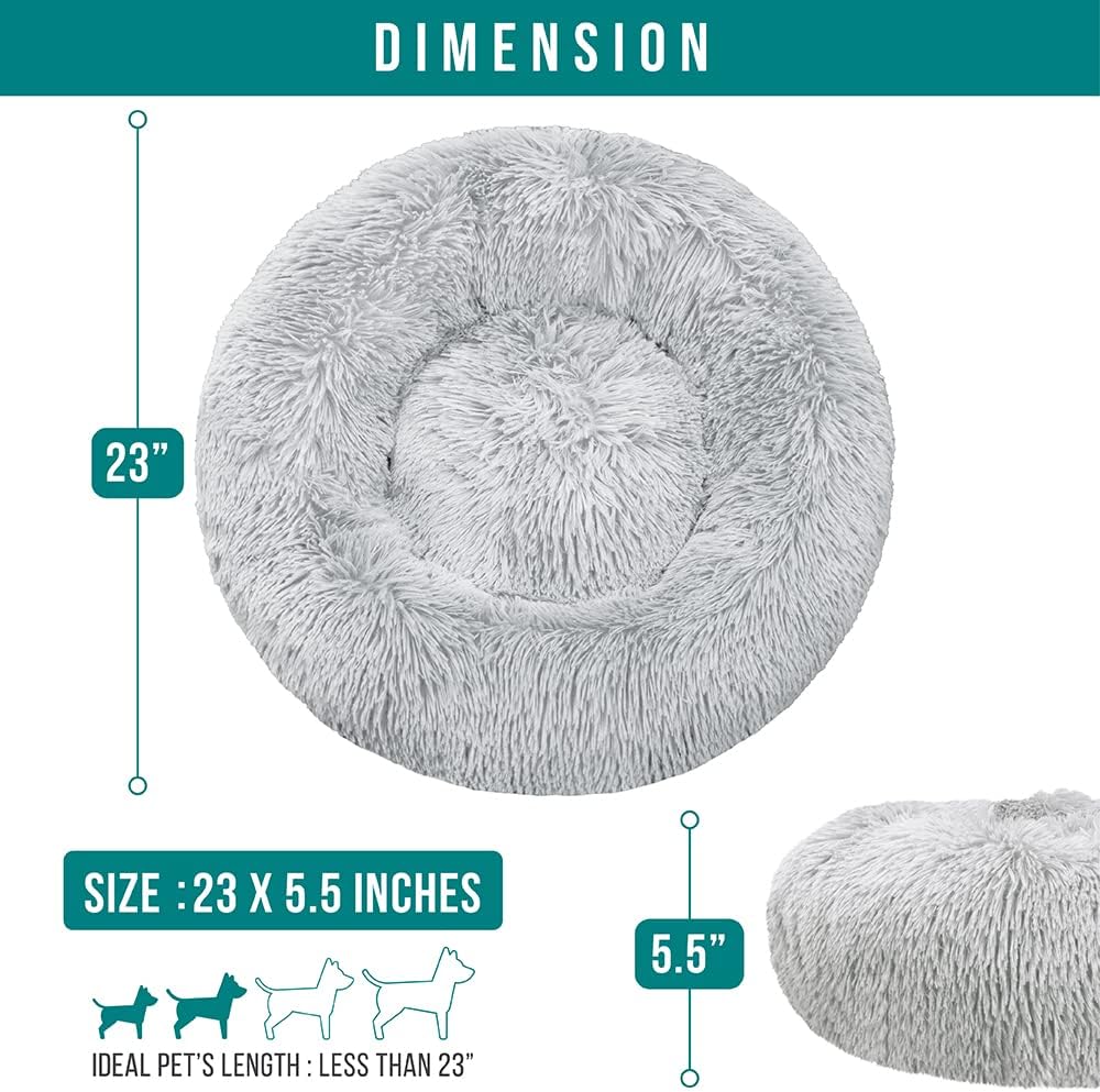 PetAmi Calming Dog Bed for Small Medium Dog Cat, Round Donut Dog Bed Washable, Fluffy Faux Fur Plush Cuddler Pet Kitten Cushion Bed, Anti-Slip, Fits up to 25 lbs, 23 inch, Light Gray