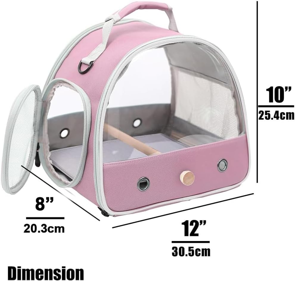 Bird Carrier, Portable Small Bird Parrot Parakeet Carrier with Standing Perch, Side Access Window Collapsible (Pink, Mesh Windows)
