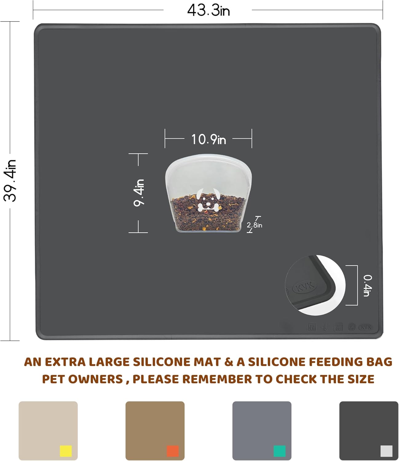 Extra Extra Large Silicone Dog Food Mat 39.4×43.3in and 128oz Silicone Bag Set, Super Size Waterproof Pet Feeding Mat & Container, Non-Slip, Chew-Resistant Floor Protection (Dark Grey&Clear)