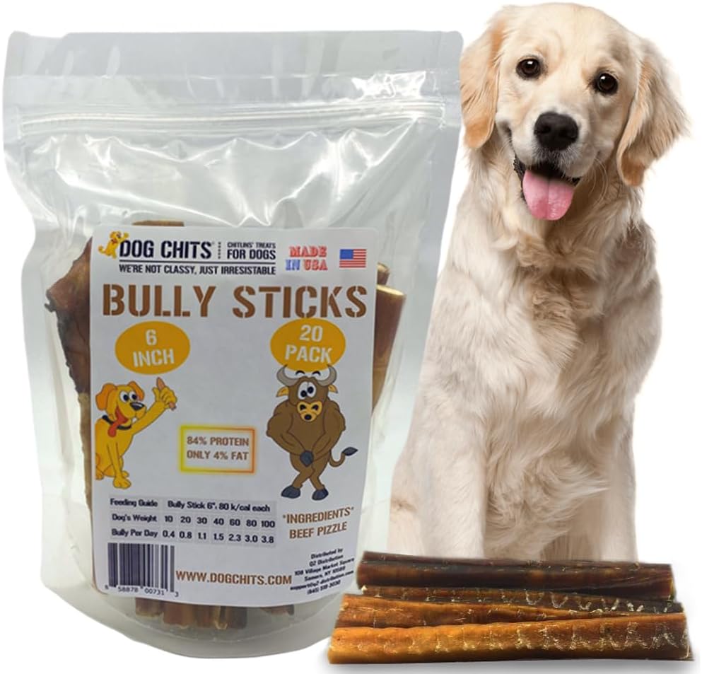 Dog Chits Bully Sticks for Dogs and Puppies | 6-inch, 20 Pack | Natural Healthy Long Lasting Chew for Large and Small Dogs Protein Treats | Odor Free