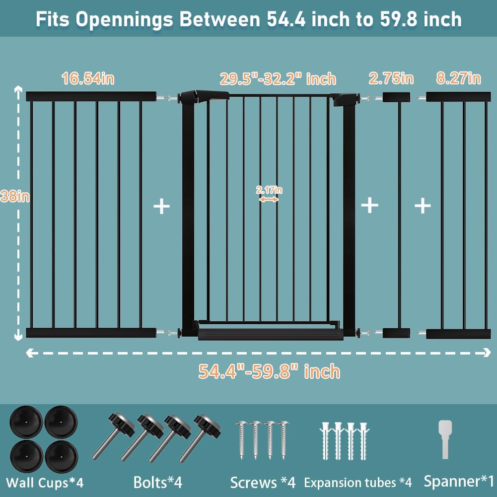 Fairy Baby 38" Extra Tall Pet Cat Gate, 54.4"-59.8" Extra Wide Long Dog Pet Gate Indoor, Safety Child Toddler Gate for Kids, Metal Auto Close Puppy Gate for House Stairs Doorway Walk Through, Black