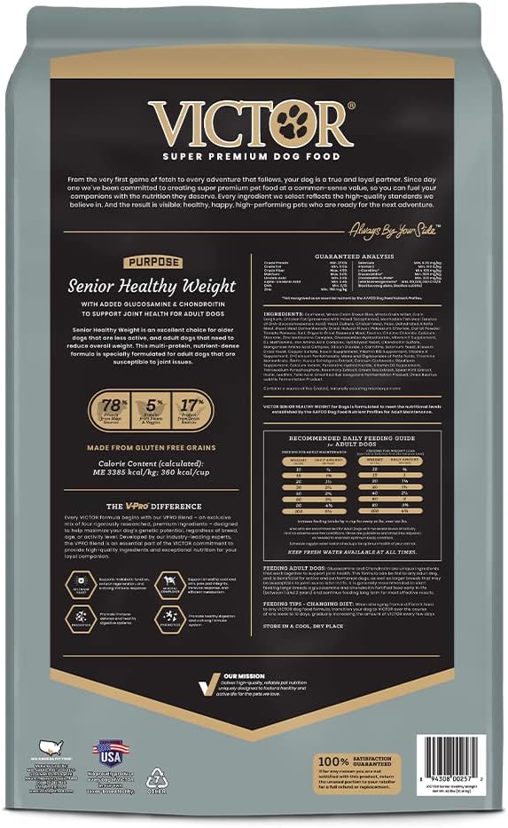 VICTOR Super Premium Dog Food – Purpose – Senior Healthy Weight Management – Dry Dog Food for Adult Dogs – Gluten Free with Glucosamine and Chondroitin, for Hip and Joint Health, 40lbs