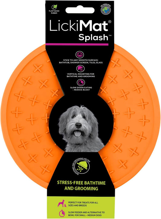 LICKIMAT Splash, Dog Slow Feeder Bowl Lick Mat, Boredom Anxiety Reducer, Sticks to Smooth Surface; Perfect for Food, Treats, Yogurt, or Peanut Butter. Fun Alternative to a Slow Feed Dog Bowl, Orange