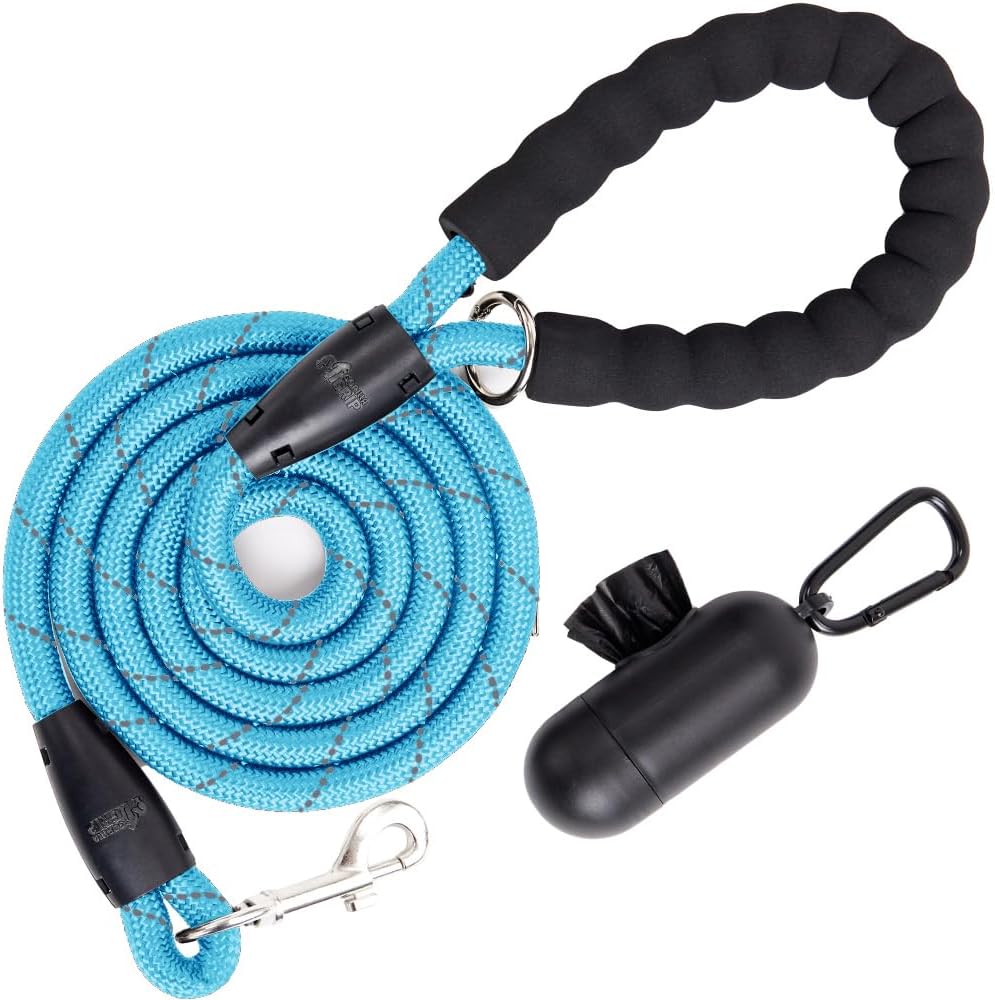 GORILLA GRIP Dog Leash, Heavy Duty Reflective Rope Leashes for Large, Medium, Small Breed Dogs, Puppy Training Essential for Walks, Hikes, Soft Handle, Rotating Metal Clip, Waste Bag Dispenser, Blue