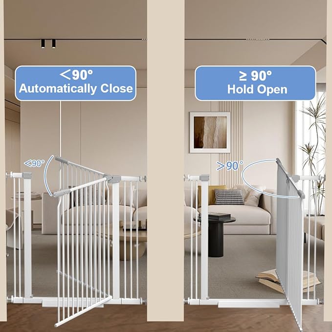 40.55" Extra Tall Baby Gate for Stairs-60.3"-65.7" Wide 1.37" Ultra Narrow Spacing Extra Wide Pet Cat Gate Dog Gate-Auto-Close Pressure Mounted Dog Door for Pets and Kids,White