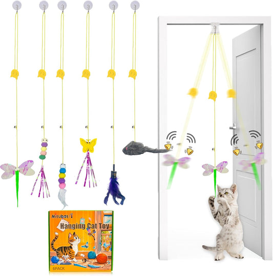 Cat Toys Indoor Hanging Door Retractable Bird Cat Toy for Kitten Fun Exercise Interactive String Feather Cat Toys for Hunting Chase (6 Pack)