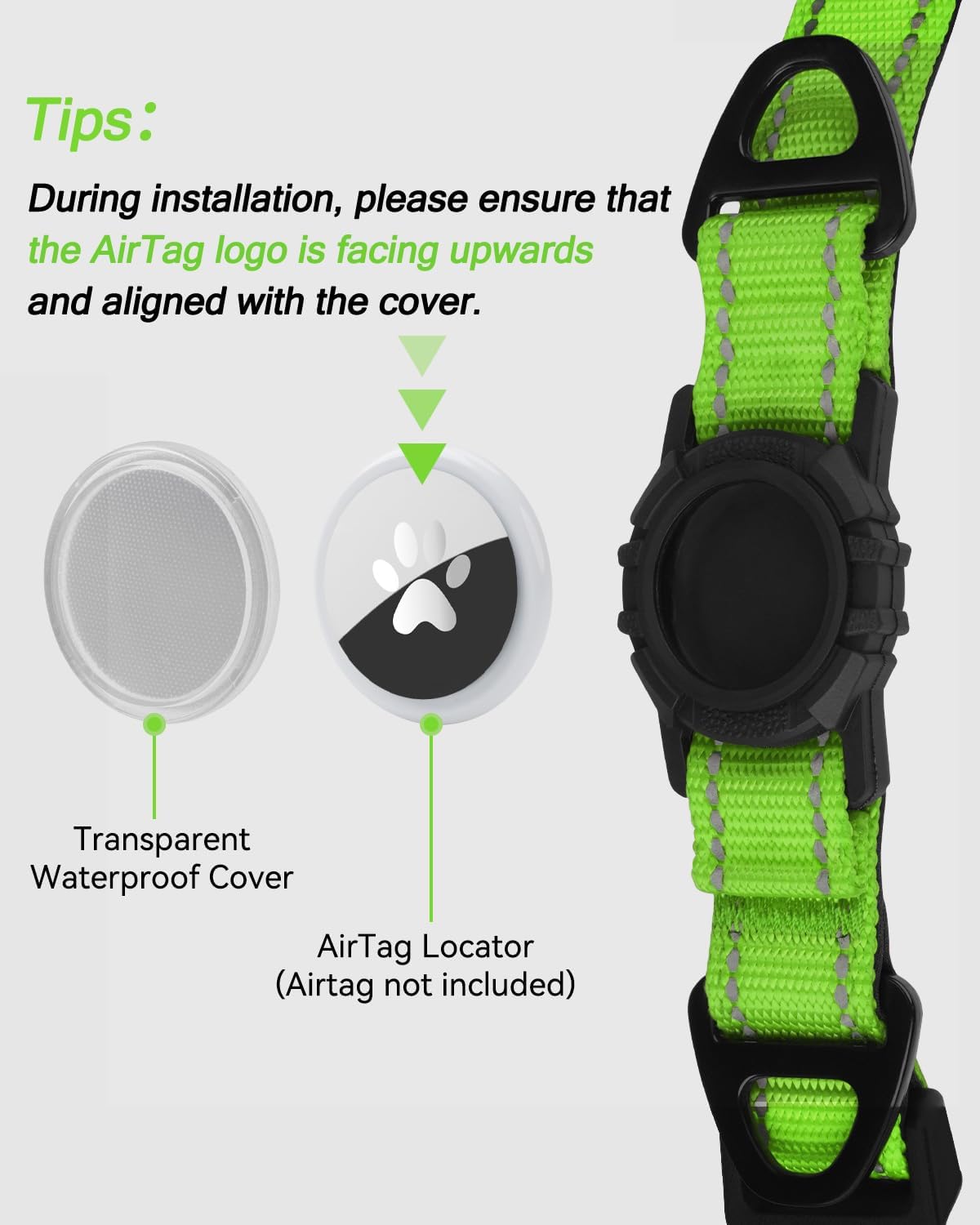 Joytale Airtag Dog Collar, Reflective Pet Collar with Waterproof AirTag Holder, Dual D-Rings, Soft Padded Adjustable for Medium Dogs, Green, M