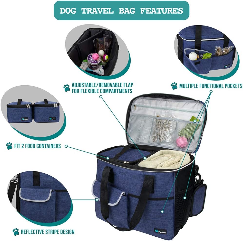 PetAmi Dog Travel Bag - Travel Pet Organizer with Food Container and Bowls, Perfect for Weekend Camping, Navy, Large