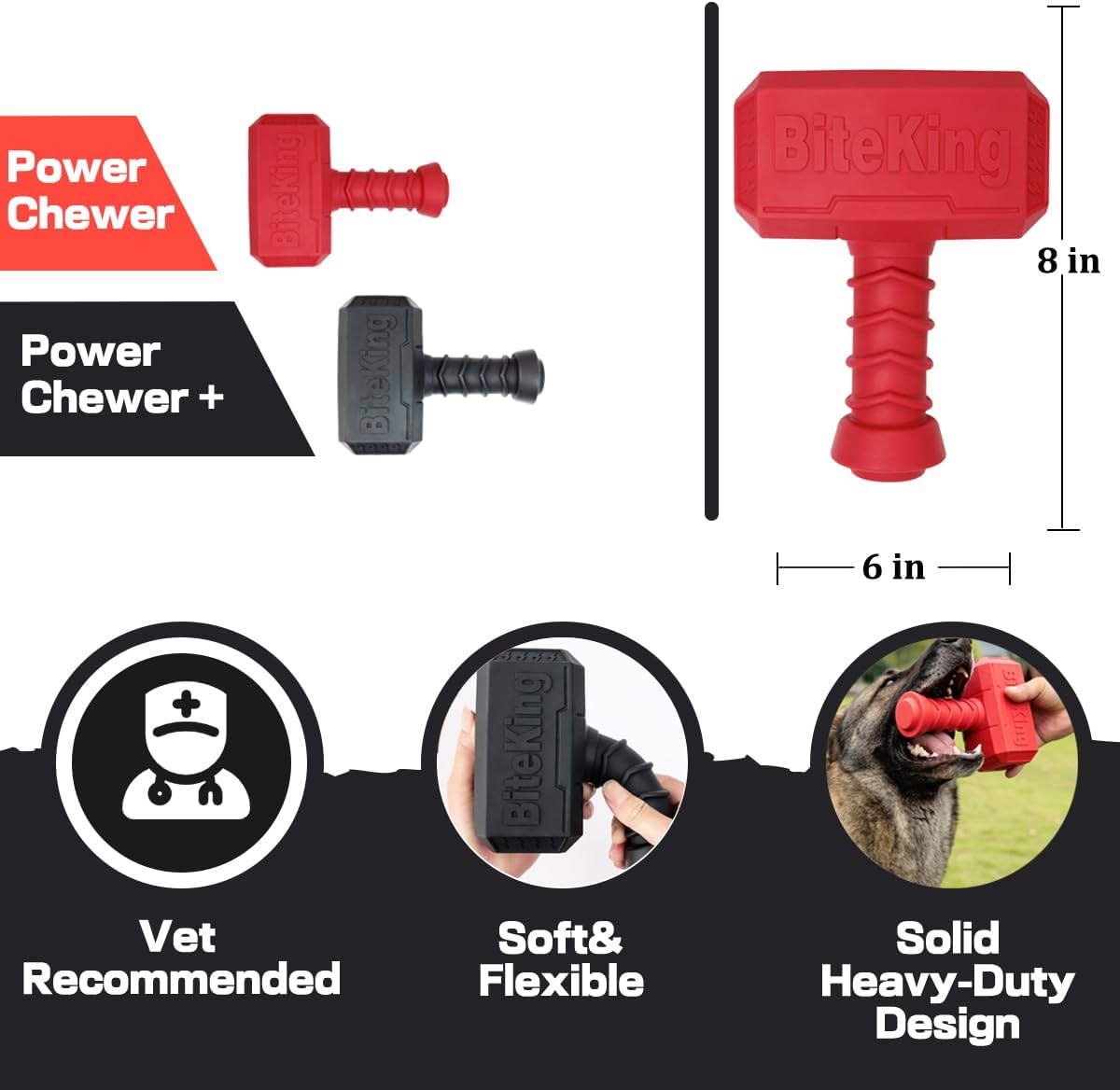 Natural Rubber Dog Toys for Large Aggressive Chewers - Lifetime Replacement - Indestructible Fetch Treat Toy for Large Dogs - Durable Hammer Dog Chew Toy for Super Chewer, Red
