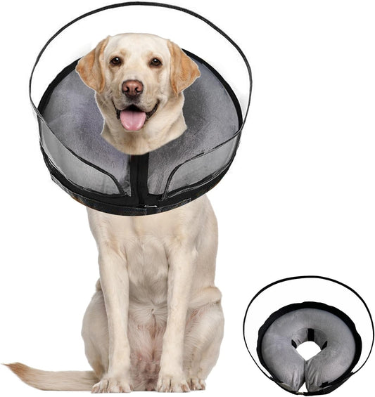 Inflatable Surgery Collar for Dogs-Enhanced Anti-Licking Protective Cone with Adjustable Strap (Grey, XL)