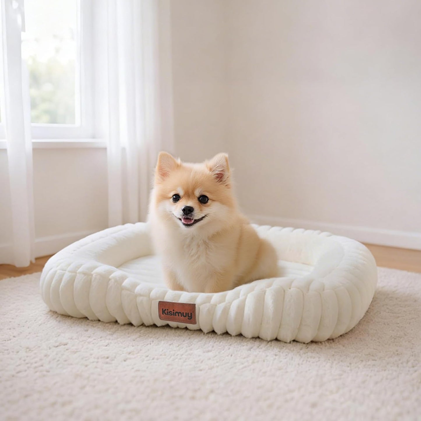 Orthopedic Dog Bed for Small Medium Dogs & Cats - Soft Furry Puppy Bed with Removable Washable Cover & Anti-Slip Bottom, Calming Rectangle Cat & Puppy Bed for Indoor Pets, 25x21x4inches, Cream
